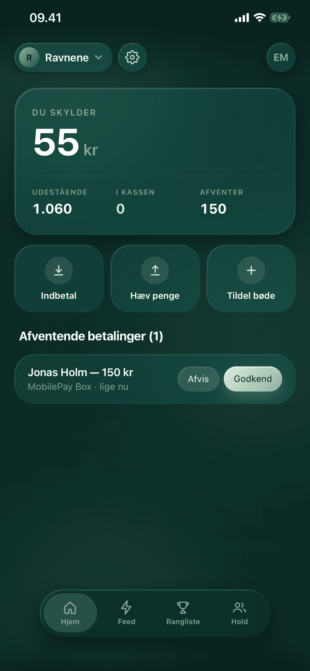 Penalty Box — forsiden i appen med saldo, bøder og afventende betalinger